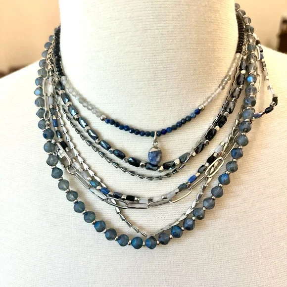 Elegant silver and Blue beads Layered convertible and adjustable Necklace. - Picture 3 of 11